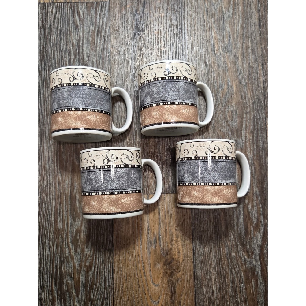 Sakura Terrain Mugs Set of 4 Sue Zipkin Vintage 1997 Stoneware Grey Tan Scroll